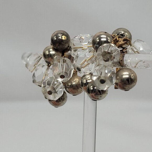 Vintage Cluster Clip-On Earrings With Clear Faceted Beads & Silver-Tone Balls - Picture 7 of 11
